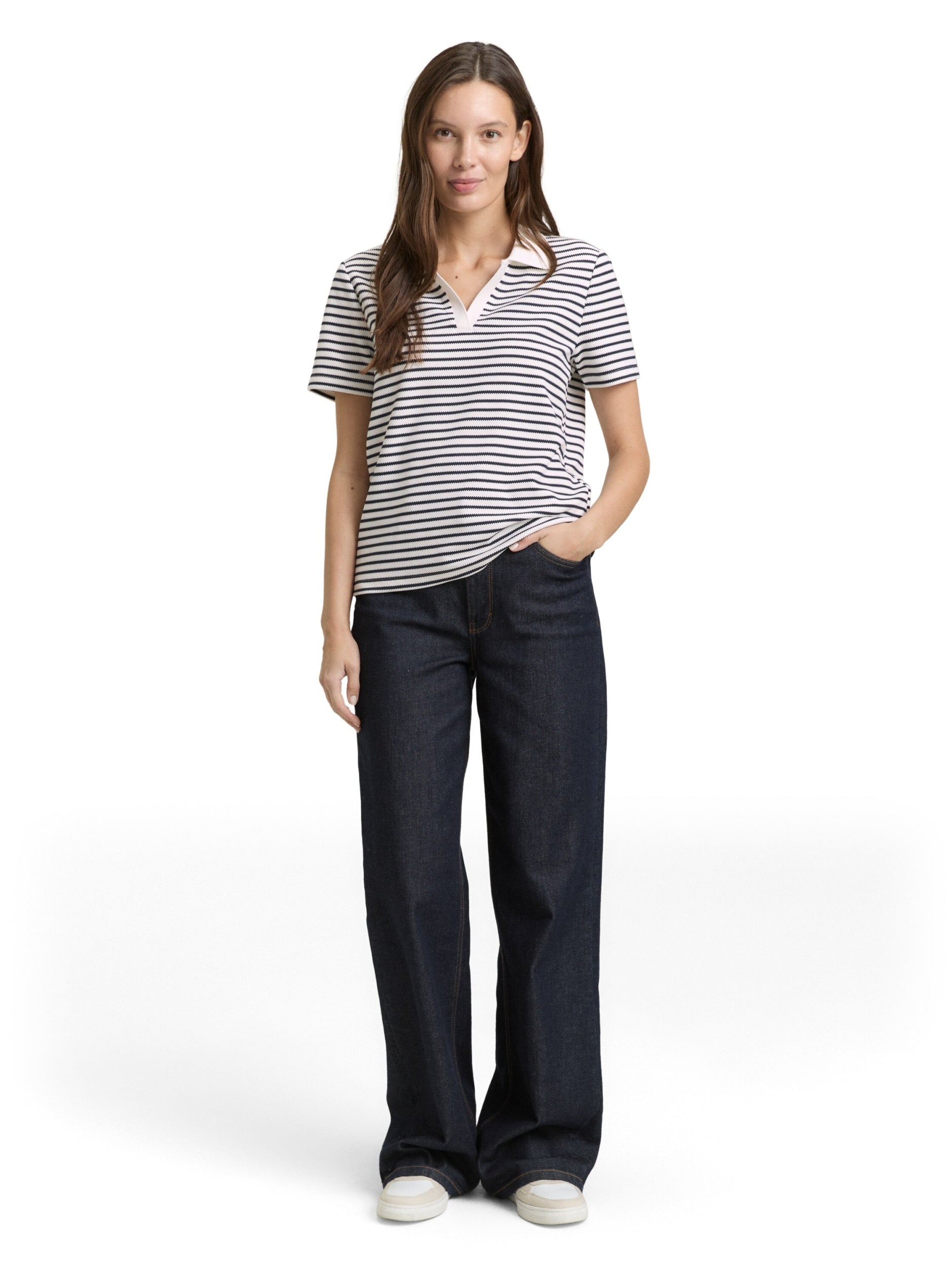 T-shirt structure stripe polo blue offwhite Bild 3