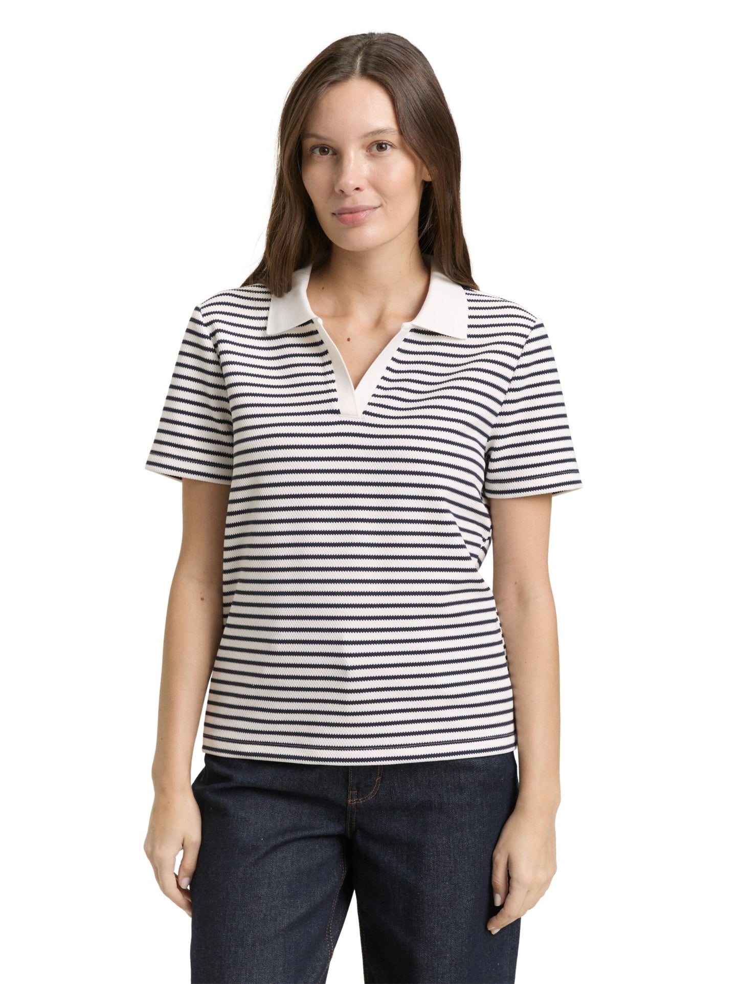 T-shirt structure stripe polo blue offwhite Bild 5